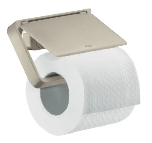 Toilettenpapierhalter in gebürstetem Nickel von AXOR. Halter mit Deckel, der ein einzelnes Toilettenpapier aufnimmt. Modernes Design, Wandmontage sichtbar.
